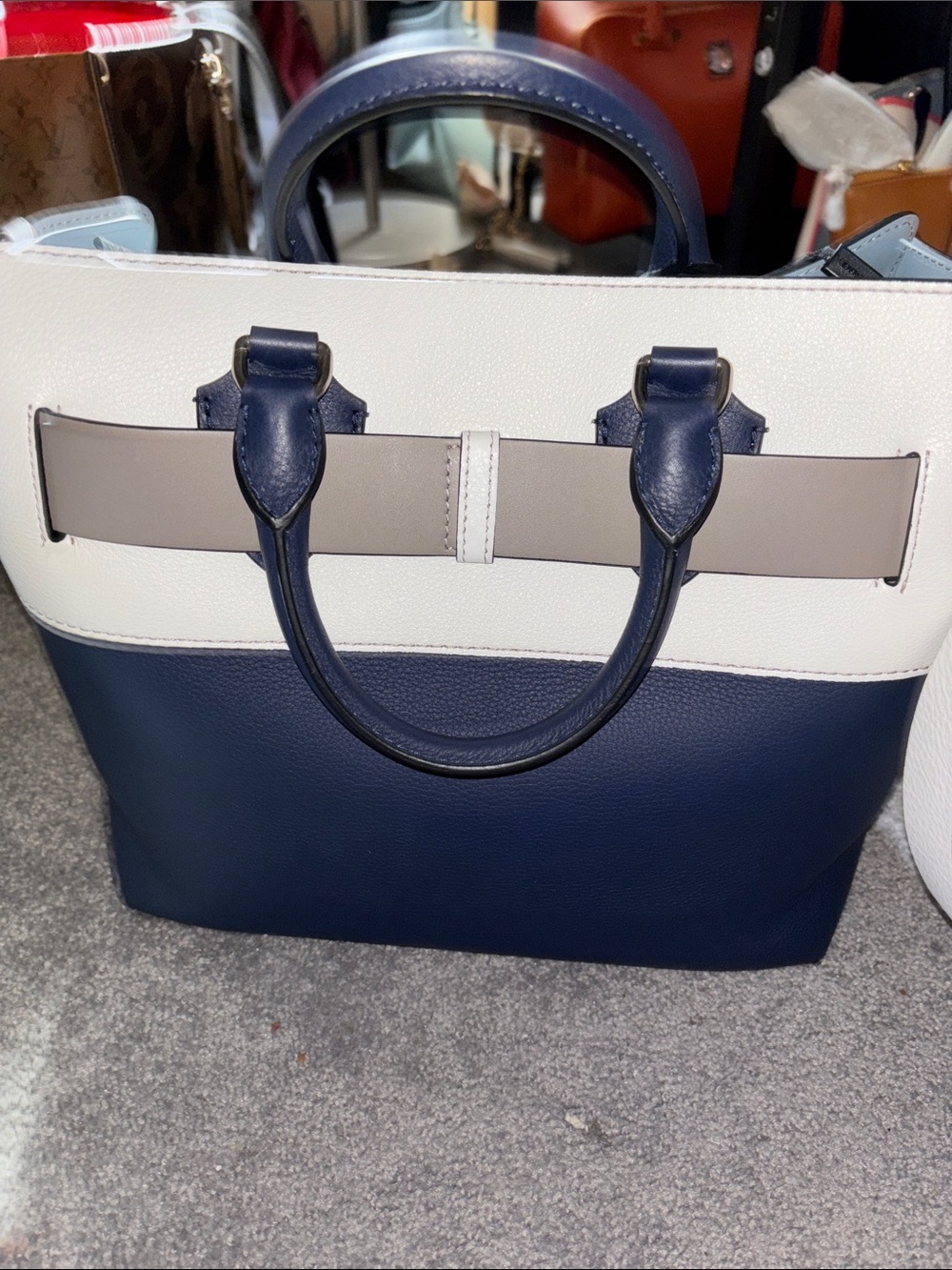 Burberry Navy, White and Gray Leather Tote with Belt Accent - Picture 3 of 9
